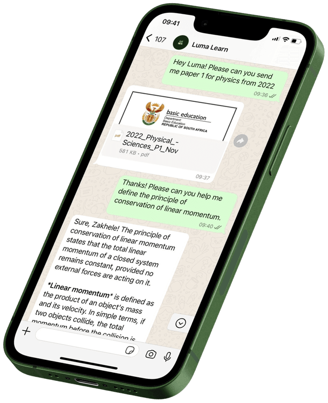 Luma WhatsApp tutor interface on mobile phone showing free homework help and past papers